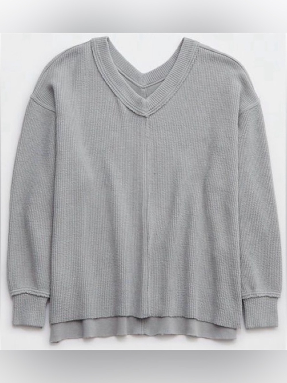 Aerie Wonder Textured V-Neck Sweatshirt Grey Size Large